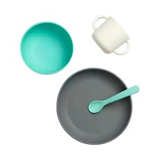 EKOBO 寶寶餐具組, 4件組, 矽膠材質, 大面積吸盤, 薄荷綠, 碗*1+盤*1+杯*1+湯匙*1, 1組