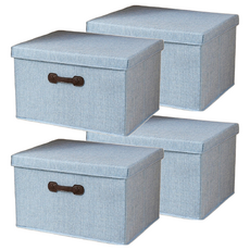 手提可堆疊牛津布皮提收納儲物箱, 牛皮提手, 精緻縫線, 防潮可擦拭, 中號, 牛仔淺藍, 4個