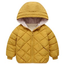 愛北鼻 菱形格羽絨短版保暖連帽兒童外套 多色可選, 120碼, 黃色, 1件