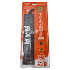 PowerSync 包爾星克 GaN快充防雷擊延長線 4開3插 TS43Q018 24.2 x 5.7 x 2.85cm, 1.8m, 黑色, 1個