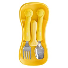 tgm 兒童便攜式矽膠不鏽鋼餐具組, 可愛小熊/企鵝設計, 黃色小熊, 湯匙 + 叉子 + 收納盒, 1組