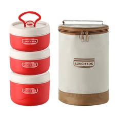 SUnORO 可微波日式304不鏽鋼防燙便當盒 附保溫袋 + 餐具 420ml 2個 + 600ml, 1組, 紅色