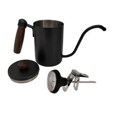 卡特屋 手沖壺 304不鏽鋼 鐵佛龍塗層 實木手把 附溫度計, 黑色, 600ml, 1件