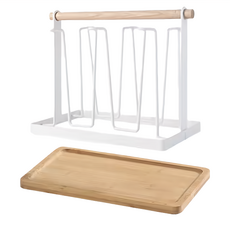 FAmILyLIFE 生活 鐵藝瀝水杯架 白色 + 楠竹托盤 A-093-W-1 + A-093-A-1 40 x 26 x 8cm 白色 1.1kg, 1盒