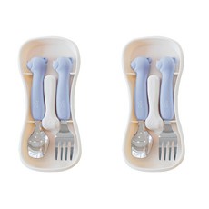 tgm 兒童便攜式矽膠不鏽鋼餐具組, 灰藍色小熊, 湯匙 2支 + 叉子 2支 + 收納盒 2個, 2組