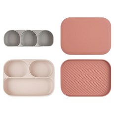 DONODONO All In One 吸盤式矽膠餐盤 - 兒童餐具，帶分隔盤, 烤盤+蓋子兩用, 粉色 + 灰色, 餐盤 + 三格餐盤 + 餐盤蓋子, 1組