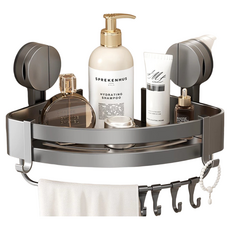 超級工廠 吸盤浴室置物架 三角架帶桿帶鉤 30 x 21cm 灰色 免釘免鑽, 1個