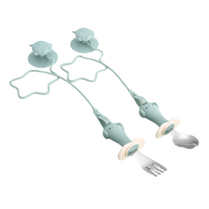 兒童吸盤餐具組 1組 綠色, 不鏽鋼湯匙 + 不鏽鋼叉子 + 吸盤 2個 + 防掉練 2條 + 收納盒