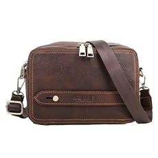 真皮頭層牛皮雙拉鍊雙層男士隨行肩背包小包, 7.9吋平板電腦適用, 長22 × 高15.5 × 厚7.5cm, 咖色