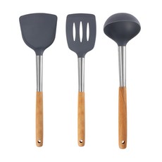 OMG 北歐櫸木耐熱矽膠廚具3件組, 1組, 鍋鏟 + 湯勺 + 漏鏟, 灰色