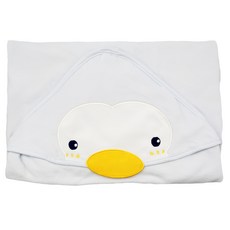 PUKU 藍色企鵝造型連帽紗布浴巾 100%純棉材質 透氣吸水 快速晾乾 頂部可掛設計 收納方便, 藍色, 1條