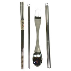 Kiyodo 不鏽鋼吸管餐具組, 筷子 + 兩用叉匙 + 粗直吸管 + 粗吸管刷 + 細直吸管 + 細吸管刷, 銀色, 1組