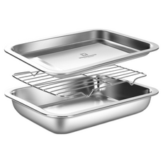 WAGENSTEIGER 不鏽鋼托盤組 (27*20*5 公分) 304不鏽鋼 耐熱100℃, S(托盤 x 2入+瀝油架 x 1入), Silver, 1組