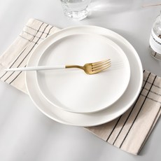 Homely Zakka 莫蘭迪啞光釉陶瓷餐盤碗餐具 圓盤 2件組, 小圓平盤 + 大圓平盤, 莫蘭迪白, 1組