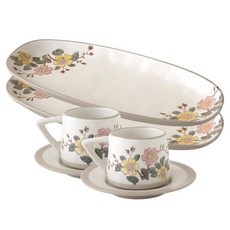 JUST HOME 花絮語陶瓷午茶4件組 5742-02C, 1組, 2個咖啡杯 + 2個咖啡碟 + 2個橢圓盤, 白色