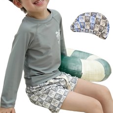 男童長袖分體泳衣 泳衣 + 泳褲 + 泳帽 有綁帶 1組