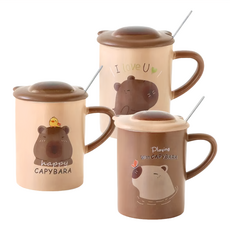 JUST HOME 水豚君陶瓷附蓋匙杯3件組 8.3x12.5x12.5公分H 360ml, 顏色隨機, 1組