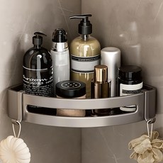 太空鋁置物架 三角籃置物架, 浴室收納, 廚房收納, 陽台收納, 儲物室收納, 免打孔安裝,附贈2個活動掛鉤, 30.5 × 22.5 × 4.3cm, 灰色, 1組