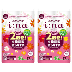 elleair 艾黎艾爾 i:na 2倍巻 雙層印花捲筒衛生紙 柔軟親膚 減少卷寬, 46m, 12捲, 2袋