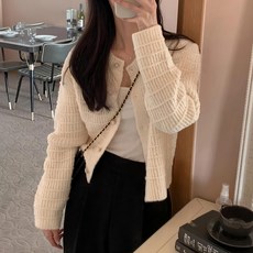 復古小香風圓領針織外套, 肩寬37cm 胸寬45cm 袖長50cm 全長49cm, 米白