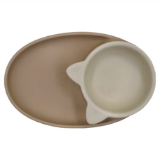 monee 3IN1白金矽膠兒童餐碗盤2件組 240 x 150 x 60mm, 餐盤 650ml + 碗體 270ml, 奶茶棕, 1組