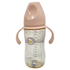PUKU 藍色企鵝 飽飽歐蕾 PPSU寬口練習奶瓶, 黃金色瓶身, SGS檢驗不含雙酚A, 適用多種消毒方式, 霧粉色, 330ml, 1個