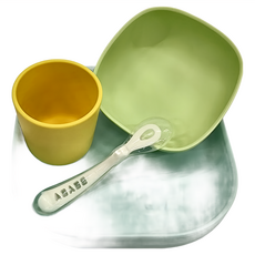 BEABA 矽膠學習餐具4件組 適用年齡: 4個月以上, 414ml矽膠餐盤 + 295ml矽膠餐碗 + 177ml矽膠開口杯 + 第2階段矽膠湯匙, 鵝黃色, 1組