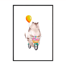 有框畫 騎單車的小貓咪 氣球壁畫, 黑色