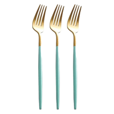 歐風餐具 餐叉 304不鏽鋼 啞光拉絲 光滑手柄 線條流暢優美, 翡翠綠金, 3支