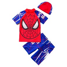 愛北鼻 男童蜘蛛人泳衣 藍色蜘蛛人-上衣+泳褲+泳帽 舒適材質, 3XL碼, 紅色, 1入