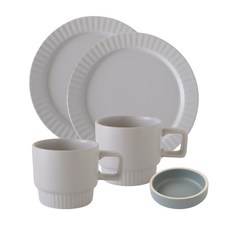 JUST HOME 陶瓷碗盤餐具 午茶組, 平盤 2個 + 咖啡杯 2個 + 調味碟, 1組, 條紋霧面白