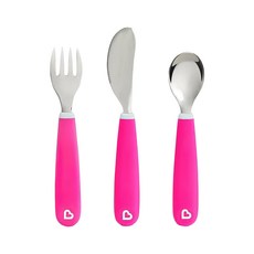 munchkin 滿趣健 兒童不鏽鋼餐具三件組 粉/綠/藍/紫, 叉子1入 + 刀子1入 + 湯匙1入, 粉色, 1組