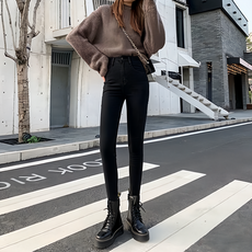 高腰彈力貼身牛仔褲，棉+聚酯纖維, L, 黑