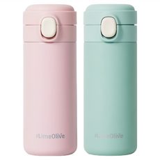LimeOlive 彈蓋式不鏽鋼保溫瓶 2入, 粉色 + 綠色, 350ml, 1組