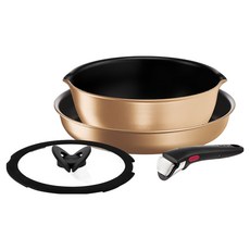 Tefal 特福 巧變精靈系列 可拆式不沾鍋4件組 法國製 IH爐/電磁爐適用, 平底鍋 26cm + 萬用鍋 22cm + 玻璃鍋蓋 22cm + 快拆式把手, 耀眼銅, 1組