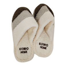 Eowo Home 毛絨條紋拼色包頭保暖防滑男女室內拖鞋, 40~41, 咖啡色, 1雙