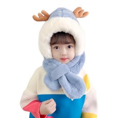 兒童毛絨全罩式圍巾一體護耳保暖帽, 麋鹿款 藍色, 均碼