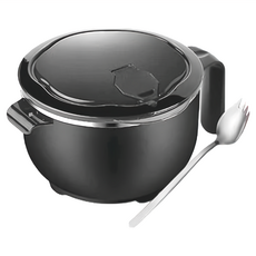 大容量304不鏽鋼泡麵碗 附叉匙 1200ml 雙層隔熱 多用途, 炫酷黑, 1組