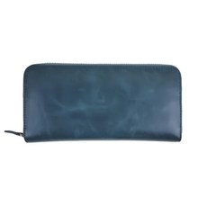 真皮頭層油蠟牛皮12卡位拉鍊長夾錢包 - 寶藍色, 19.5 x 10 x 2.5cm