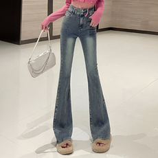 美式雙釦刷舊微喇叭牛仔長褲