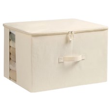 ANTIAN 棉麻透明視窗可折疊衣物收納箱/布藝防塵防潮整理箱/收納櫃/收納袋 64L, 米白色, 1個