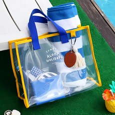 理享家 大容量透明沙灘包 防水透明 藍黃色 時尚, 35 x 14 x 27.5cm