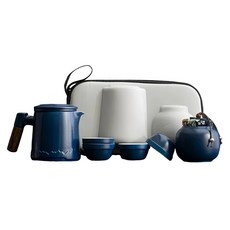 A&R 陶瓷旅行茶具6件組 附收納旅行包, 側把壺 + 品茗杯 4個 + 茶葉罐, 藍色, 1組