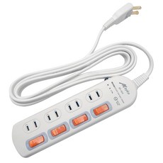 Mayka 明家 家用4插4開關 防雷突波保護15A, 1.8m, 白色, 1條