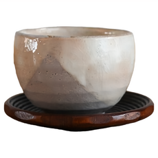 美濃燒 抹茶碗茶托組 碗-9.5xH7cm/茶托12.8xH2cm, 水玉, 1組