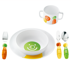 guzzini Bimbi 童趣笑臉餐具6件組, ABS MEL 304不銹鋼 410不銹鋼, 綠色, 碗、盤、杯子、叉子、湯匙、餐刀, 1組