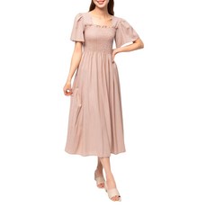 CARET 女款細格紋長款褶皺方領短袖洋裝, 均碼, 棕色