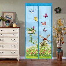 半島良品 魔術膠靜音磁吸防蚊門簾, 印花 風車藍