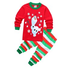 愛北鼻 薄長袖套裝 雪寶條紋褲 兒童節慶服飾套裝 紅色 + 白色 + 綠色