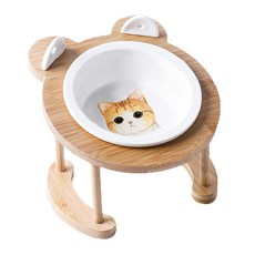 貓耳勺木架陶瓷碗 - 橘貓單碗 (1勺+1叉), 1組